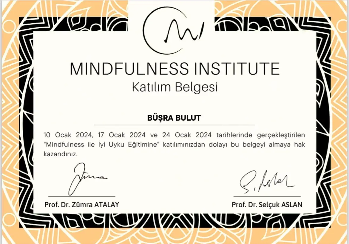 Mindfulness Institute tarafından verilen Mindfulness ile İyi Uyku Eğitimi katılım belgesi