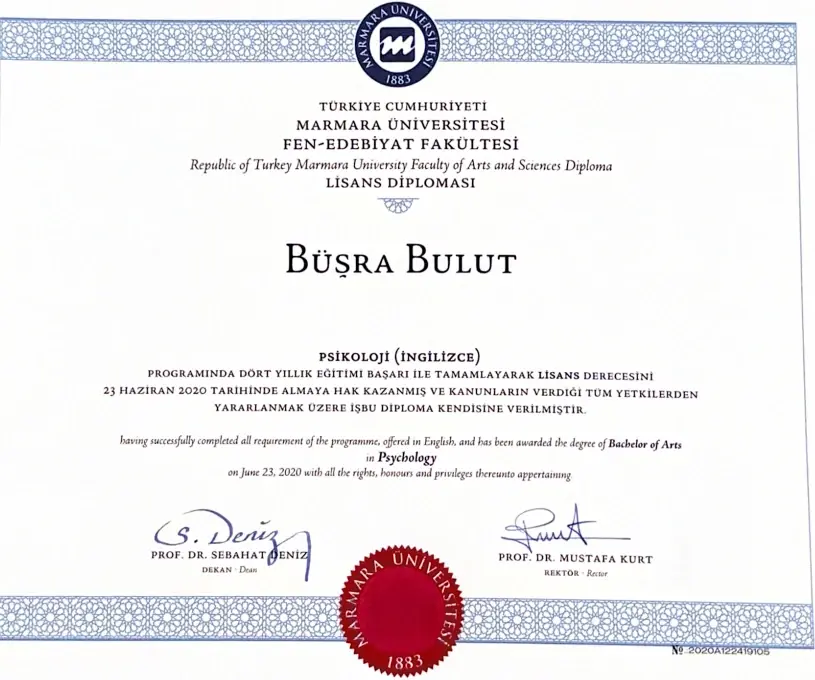 Marmara Üniversitesi Fen-Edebiyat Fakültesi Psikoloji İngilizce lisans diploması