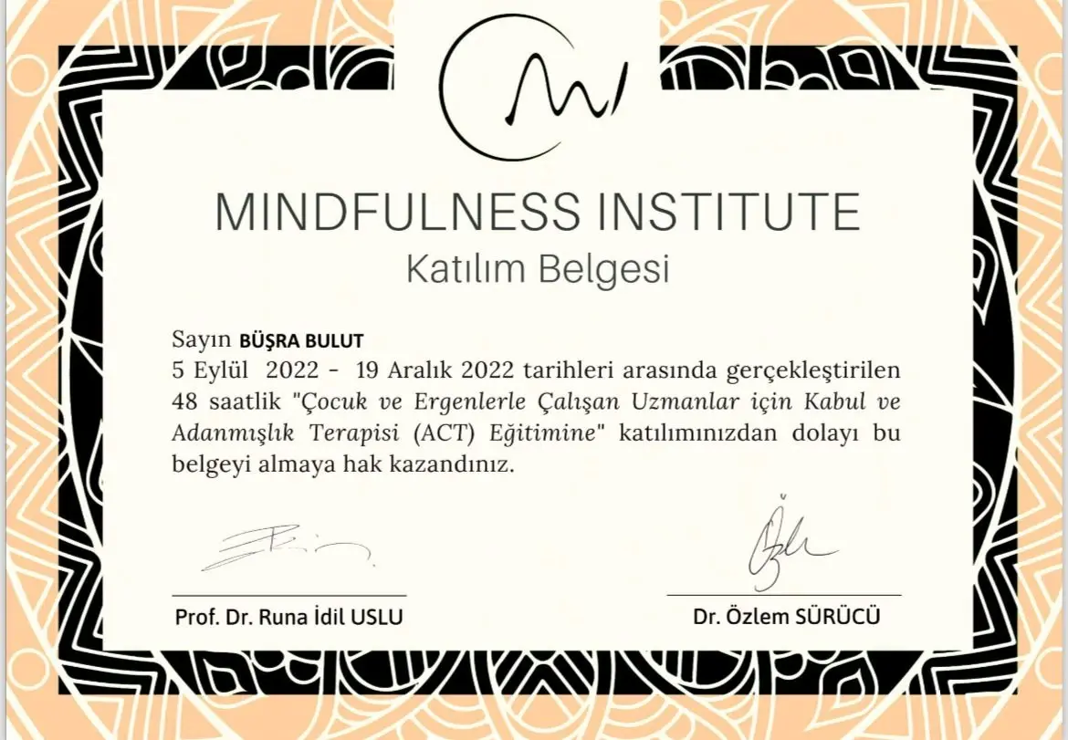 Mindfulness Institute tarafından verilen 48 saatlik Çocuk ve Ergenlerle Çalışan Uzmanlar için ACT Eğitimi katılım belgesi